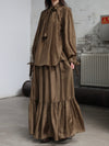 INTO THE EAST 25 Autumn/Winter Moss Green Lace-Up Silk Top/Spliced Layered Silk Skirt ITE-E1DGAW002GR20TP-LV Top